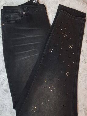 DG2 Diane Gilman Black Embellished Rhinestone Studded Stretch Jeans Size 16